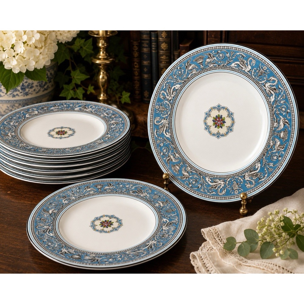 Wedgwood Florentine Turquoise W2714 Dinner Plates Set of 8 Bone China